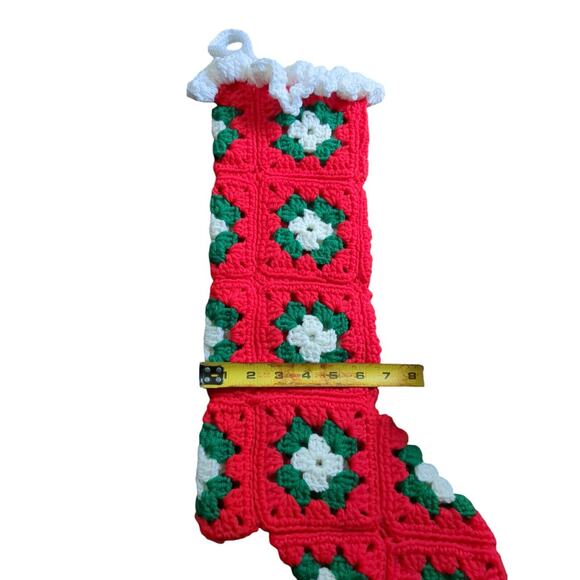Vintage Granny Square Christmas Stocking Set Of 2 Hand Crochet Neutral Red 24" - Picture 5 of 5